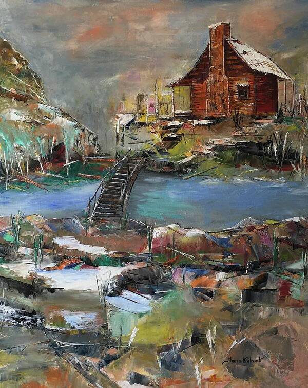 Cabin Poster featuring the painting Cabin by the river by Maria Karlosak