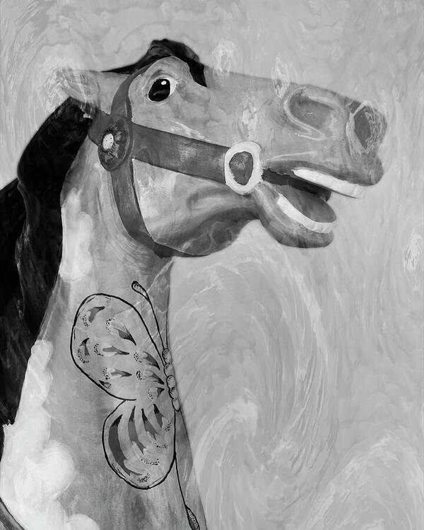 Whimsical Poster featuring the mixed media Carousel Horse BW by Bob Pardue