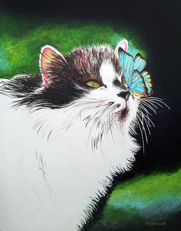 Cat Poster featuring the painting Cat and Butterfly by Marilyn Borne