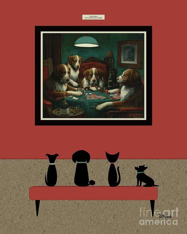 Dogs Play Poker Poster featuring the digital art Cat and Dogs Admire Poker Game Painting by Donna Mibus