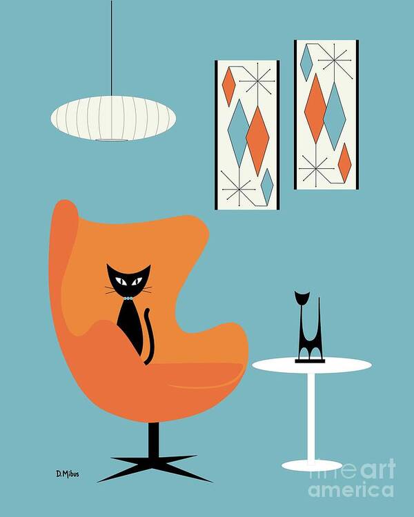 Mid Century Modern Poster featuring the digital art Cat in Turquoise Room by Donna Mibus