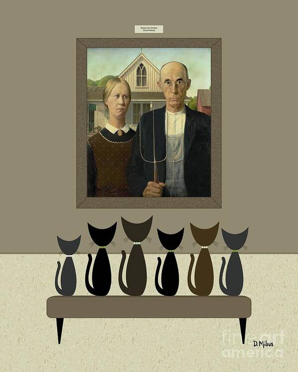 Grant Wood Poster featuring the digital art Cats Contemplate American Gothic by Donna Mibus