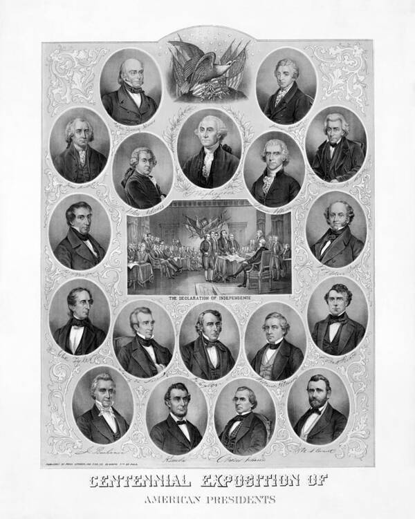 Centennial Exposition Poster featuring the drawing Centennial Exposition of American Presidents - 1876 by War Is Hell Store