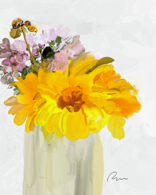 Vase Poster featuring the digital art Cheery Sunflowers by Ramona Murdock
