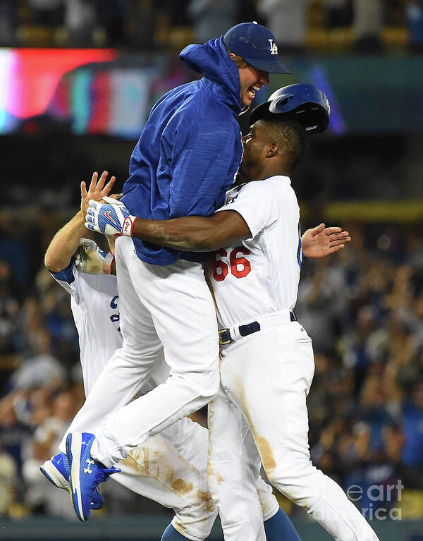 Ninth Inning Poster featuring the photograph Clayton Kershaw and Yasiel Puig by Jayne Kamin-oncea