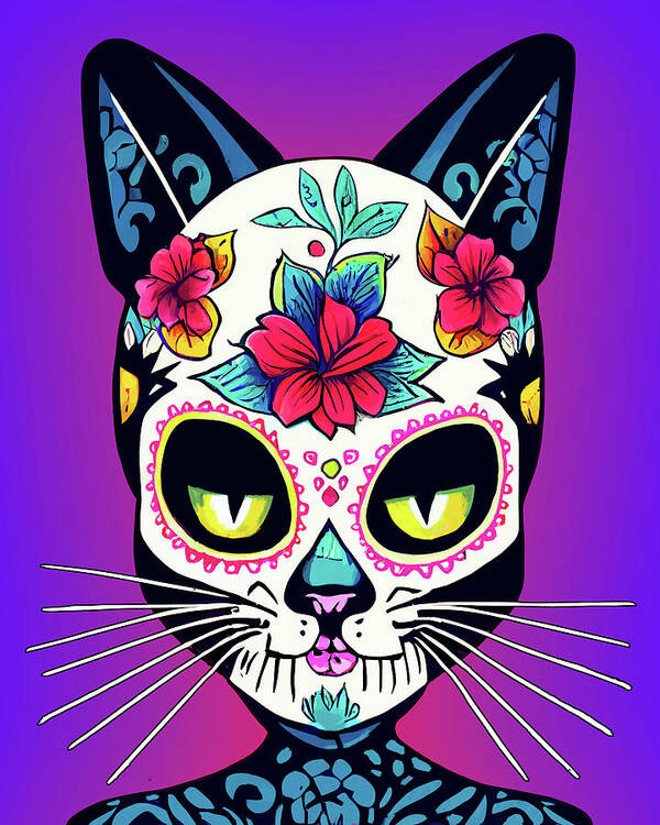 Day Of The Dead Poster featuring the digital art Colorful Cat Sugar Skull by Mark Tisdale