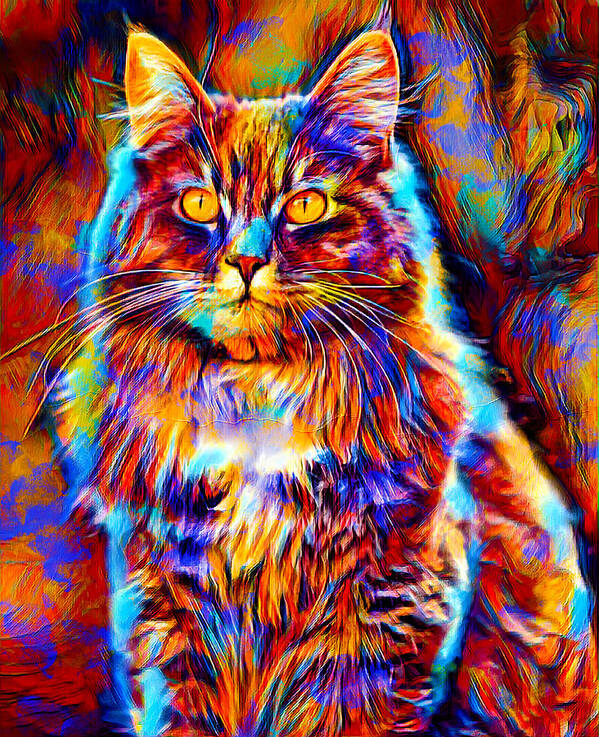 Maine Coon Poster featuring the digital art Colorful Maine Coon cat sitting - digital painting by Nicko Prints