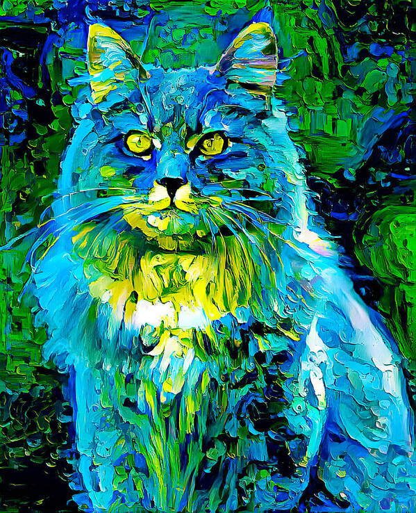 Maine Coon Poster featuring the digital art Colorful Maine Coon cat sitting - green and blue palette knife oil texture by Nicko Prints