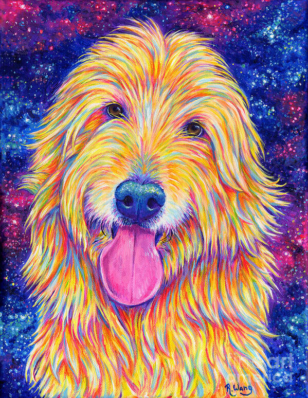 Goldendoodle Poster featuring the painting Colorful Rainbow Goldendoodle by Rebecca Wang