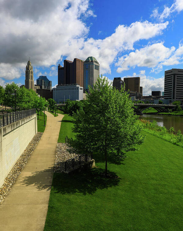 Columbus Ohio Skyline Spring Morning Poster featuring the photograph Columbus Ohio Skyline Walkway by Dan Sproul