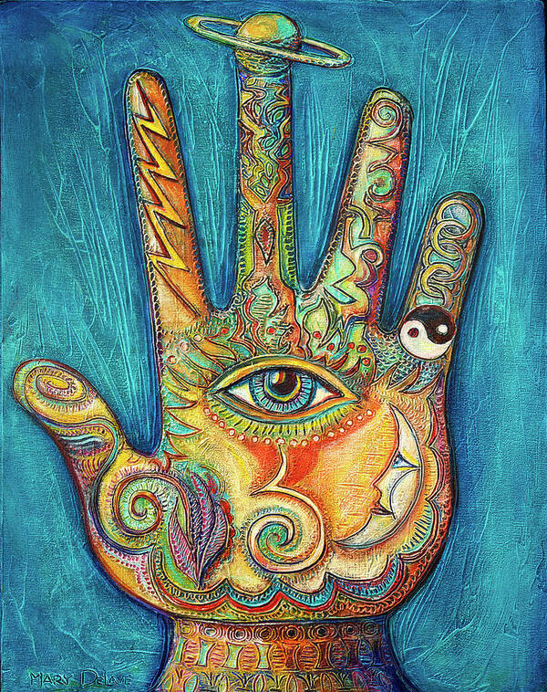 Hand Poster featuring the painting Cosmic Hand by Mary DeLave