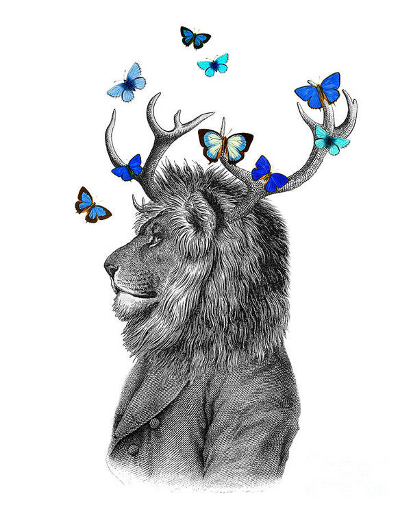 Lion Poster featuring the digital art Dandy lion with antlers and blue butterflies by Madame Memento