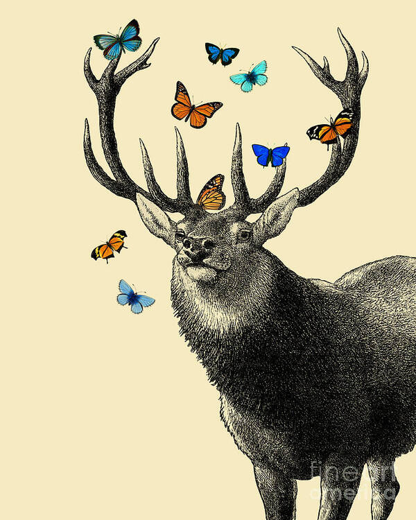 Deer Poster featuring the digital art Deer with blue and orange butterflies by Madame Memento