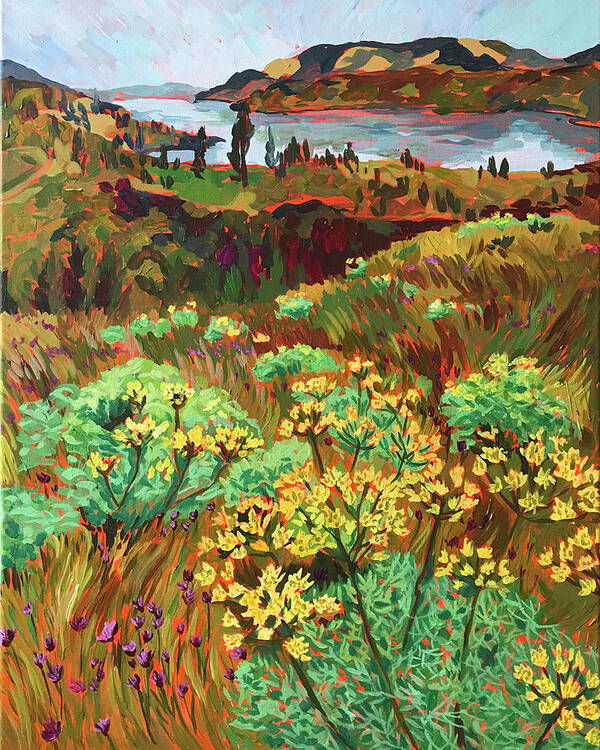 Landscape Poster featuring the painting Desert Parsley at Catherine Creek by Anisa Asakawa