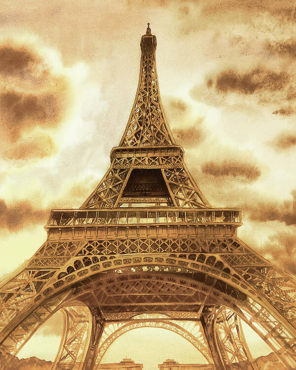 Beige Poster featuring the painting Eiffel Tower In Beige Watercolor French Chic Decor by Irina Sztukowski