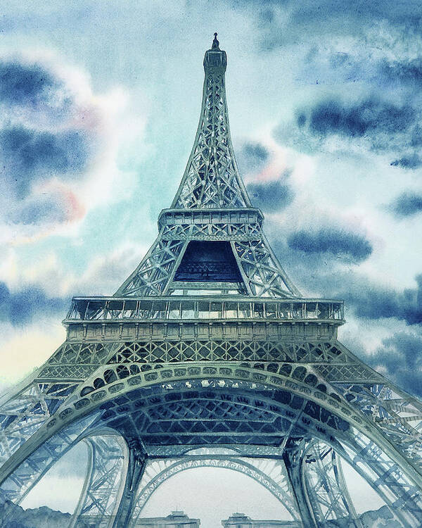 Eiffel Tower Poster featuring the painting Eiffel Tower In Teal Blue Watercolor French Chic Decor by Irina Sztukowski