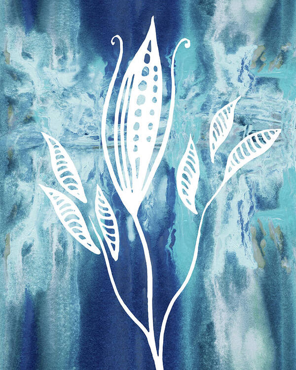 Floral Pattern Poster featuring the painting Elegant Pattern With Leaves In Teal Blue Watercolor I by Irina Sztukowski