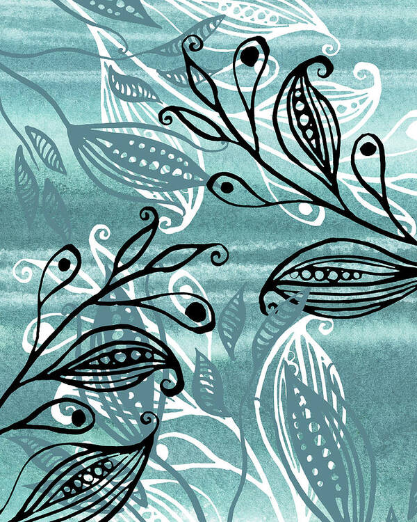 Pods Poster featuring the painting Elegant Pods And Seeds Pattern With Leaves Teal Blue Watercolor V by Irina Sztukowski