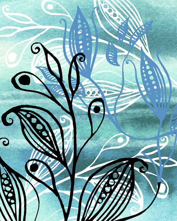 Pods Poster featuring the painting Elegant Pods And Seeds Pattern With Leaves Teal Blue Watercolor VI by Irina Sztukowski