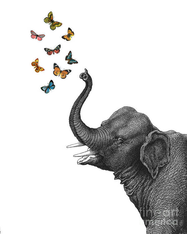 Elephant Poster featuring the digital art Elephant blowing butterflies by Madame Memento