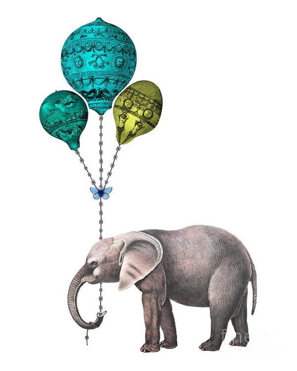 Elephant Poster featuring the digital art Elephant holding blue and yellow balloons by Madame Memento
