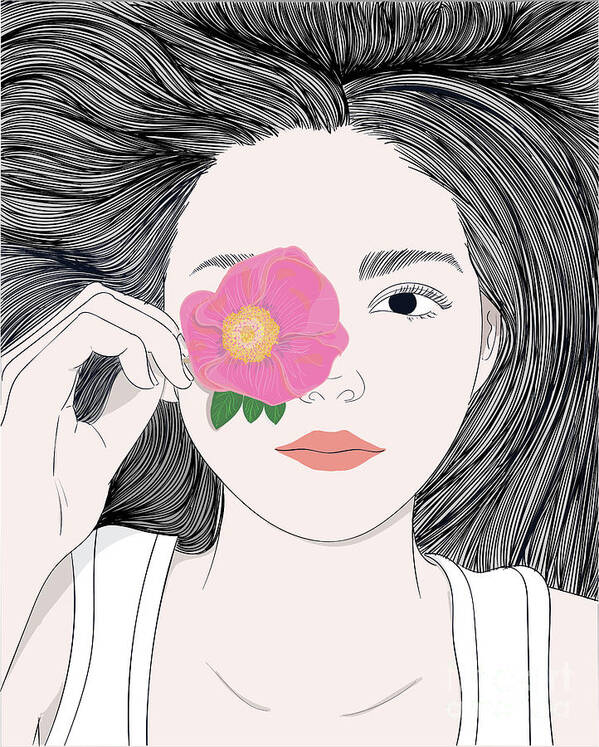 Graphic Poster featuring the digital art Fashion Girl With Long Hair And A Flower - Line Art Graphic Illustration Artwork by Sambel Pedes