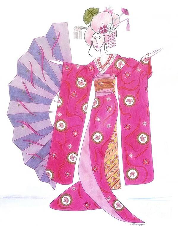 Geisha Poster featuring the drawing Geisha Barbie -- Whimsical Geisha Girl Drawing by Jayne Somogy