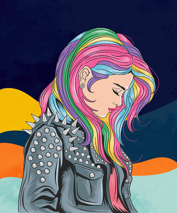 Oil Poster featuring the digital art Girl unicorn full colour hair with rocker jacket punker style by Mounir Khalfouf