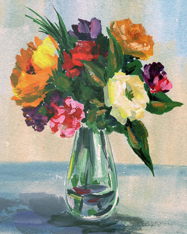 Bright Poster featuring the painting Glowing Impressionism Floral Bouquet In The Glass Vase by Irina Sztukowski