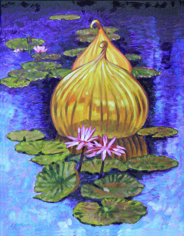 Blown Glass Poster featuring the painting Golden Glass and Lilies by John Lautermilch