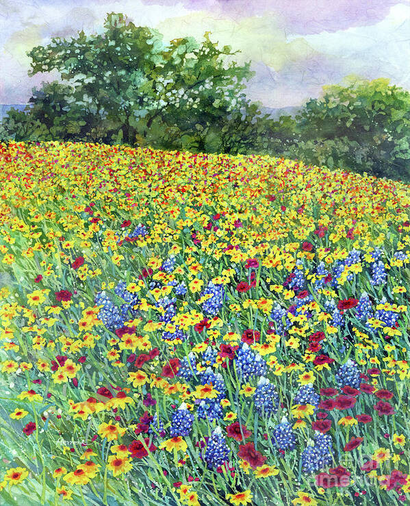 Bluebonnet Poster featuring the painting Golden Hillside-pastel colors by Hailey E Herrera