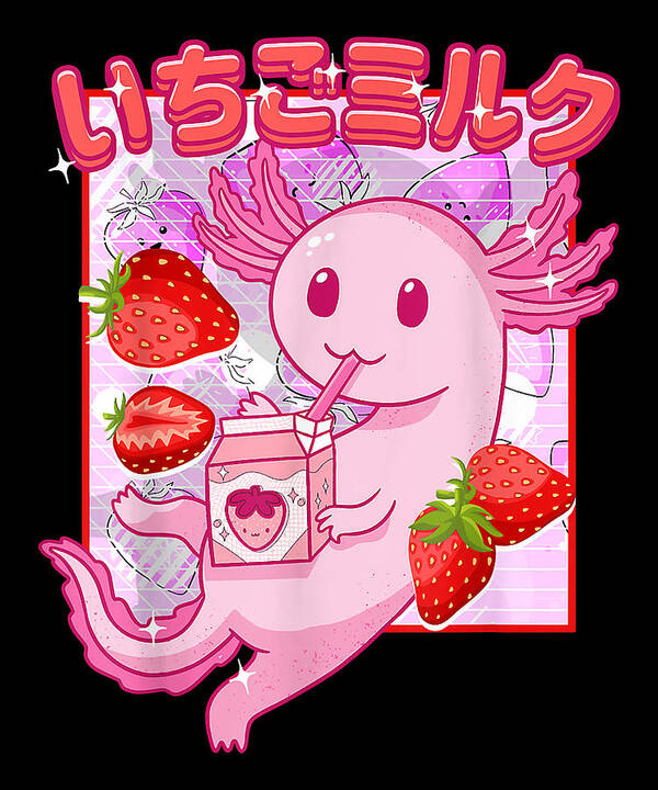 Cute Axolotl Drinking Strawberry Milk