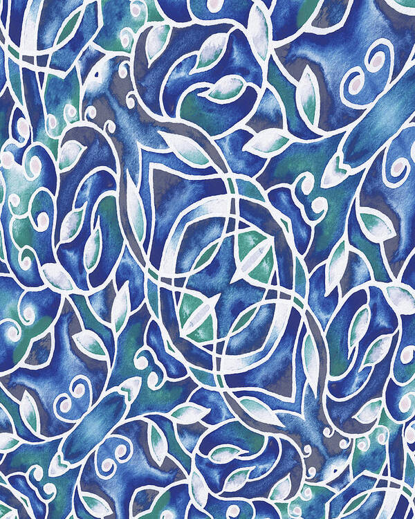 Silk Batik Leaves Poster featuring the painting Gorgeous And Organic Foliage Batik Style Blue Watercolor by Irina Sztukowski