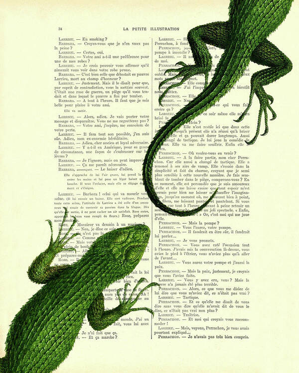 Lizard Poster featuring the digital art Green lizards on antique french book page by Madame Memento