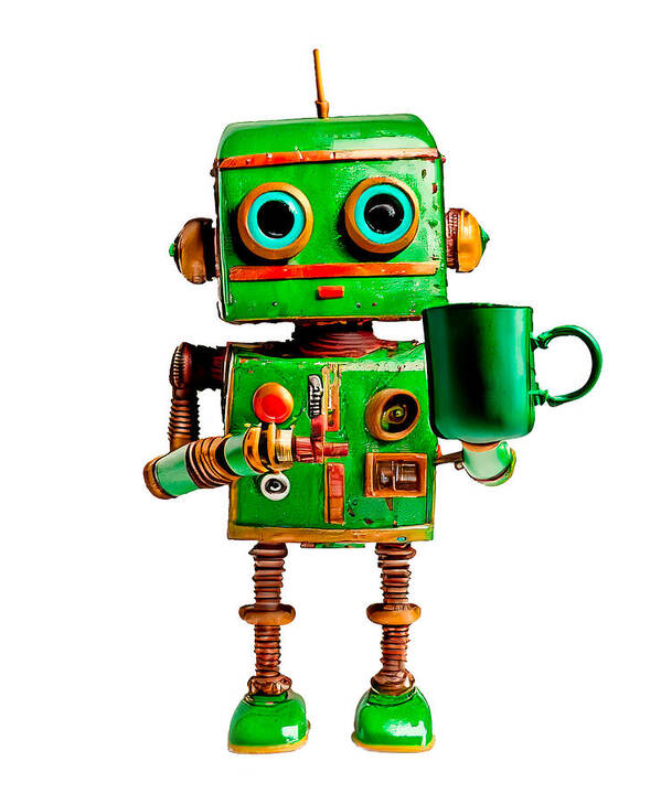 Green Poster featuring the digital art Green robot with coffee cup 3 by David Smith