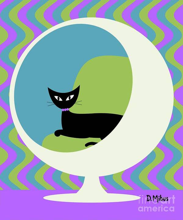 Mid Century Cat Poster featuring the digital art Groovy Ball Chair Purple Green Blue by Donna Mibus