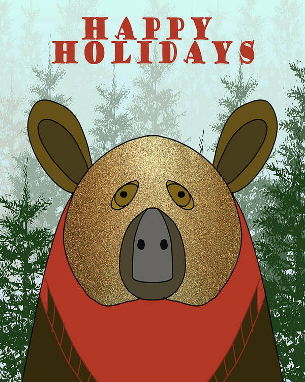 Happy Holidays Poster featuring the drawing Happy Holidays Bear by Nancy Merkle