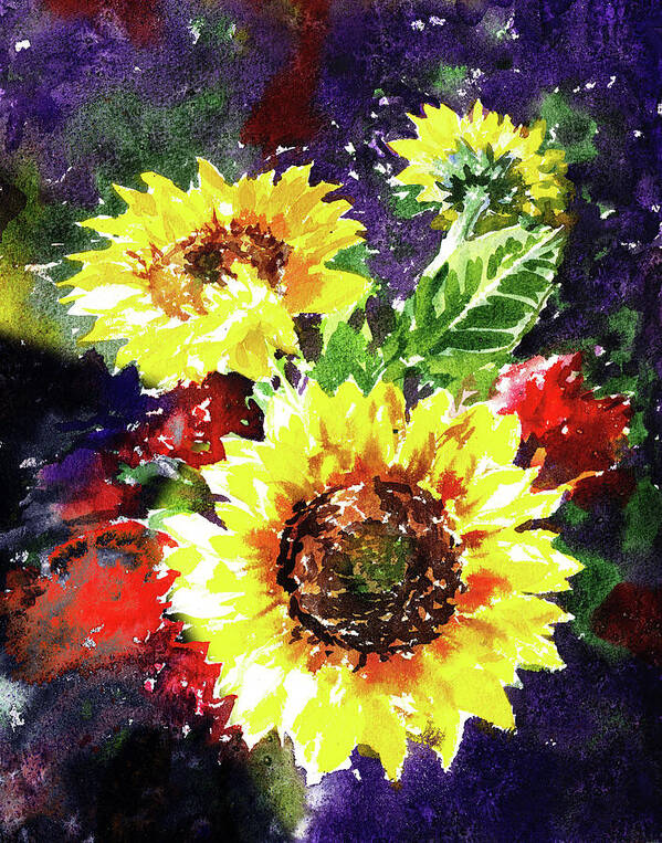 Sunflowers Poster featuring the painting Happy Splash Of Watercolor Sunflowers by Irina Sztukowski
