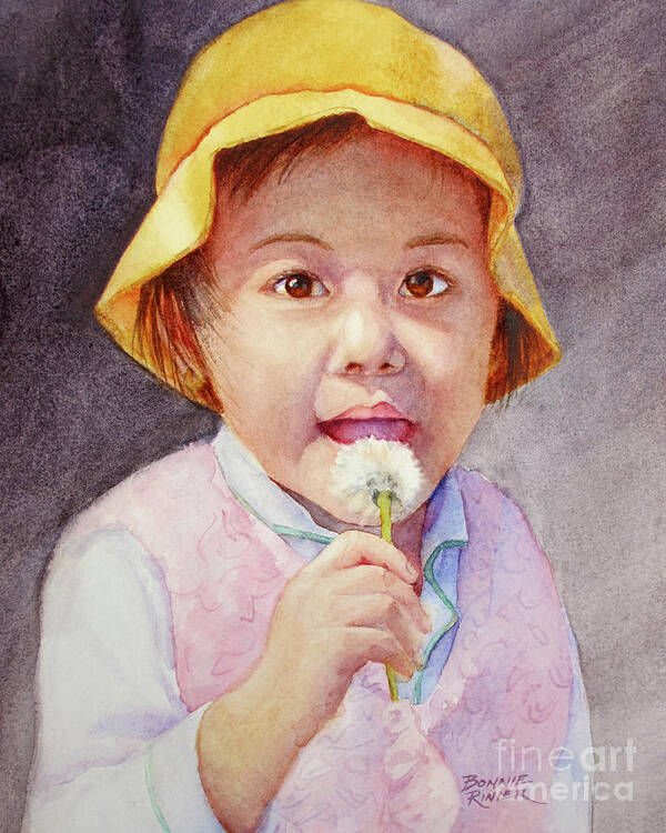 Child With Yellow Hat. Dandelion Poster featuring the painting I Picked This for You by Bonnie Rinier