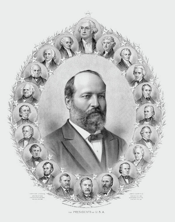 James Garfield Poster featuring the drawing James Garfield and The Presidents of USA - Circa 1882 by War Is Hell Store