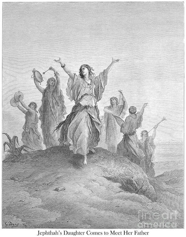 Jephthah Poster featuring the drawing Jephthah's Daughter Coming to Meet Her Father by Gustave Dore v1 by Historic illustrations