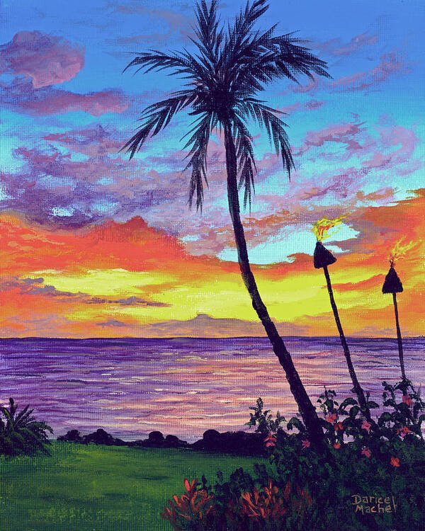 Sunset Poster featuring the painting Kaanapali Tiki Torches by Darice Machel McGuire