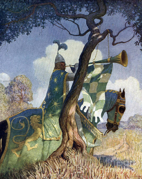 1922 Poster featuring the drawing King Arthur - Green Knight Preparing to Battle by N C Wyeth