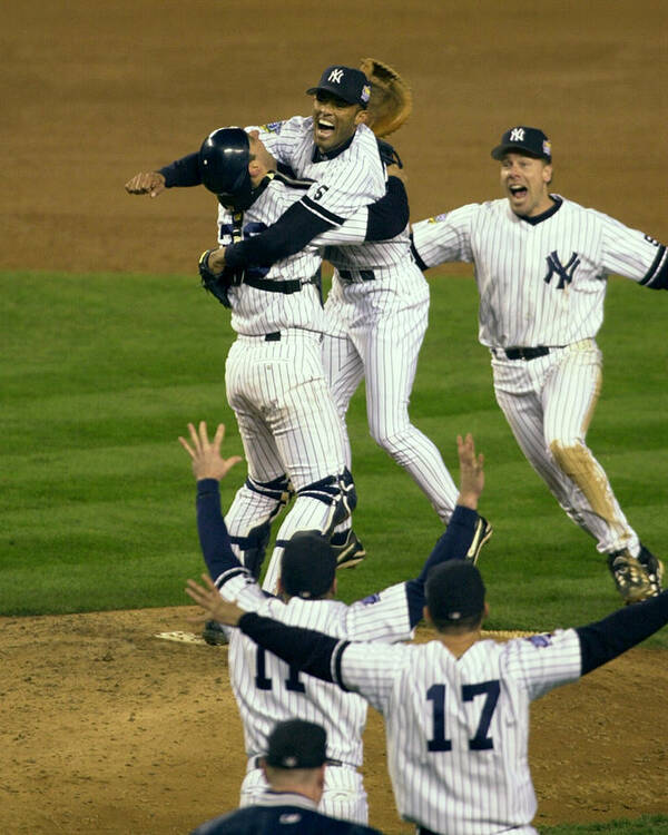 Baseball Catcher Poster featuring the photograph Mariano Rivera, Scott Brosius, and Jorge Posada by New York Daily News Archive