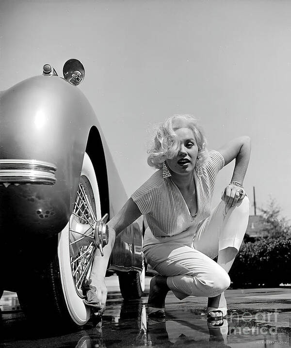 Marilyn Monroe Poster featuring the photograph Marilyn Monroe with 1952 Jaguar XK120 by Retrographs