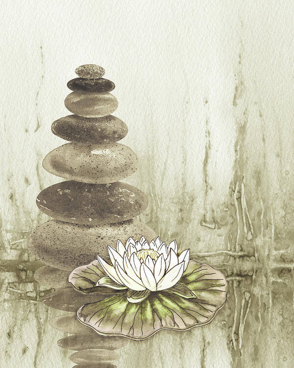Zen Rocks Poster featuring the painting Meditative Calm And Peaceful Relaxing Zen Rocks Cairn Spa Collection With Flower Watercolor III by Irina Sztukowski