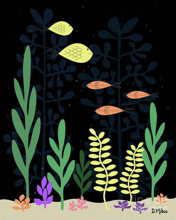 Mid Century Fish Poster featuring the digital art Mid Century Aquarium Black by Donna Mibus