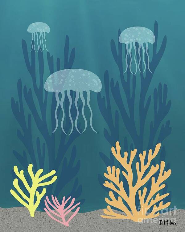 Mid Century Fish Tank Poster featuring the digital art Mid Century Aquarium with Jellyfish by Donna Mibus