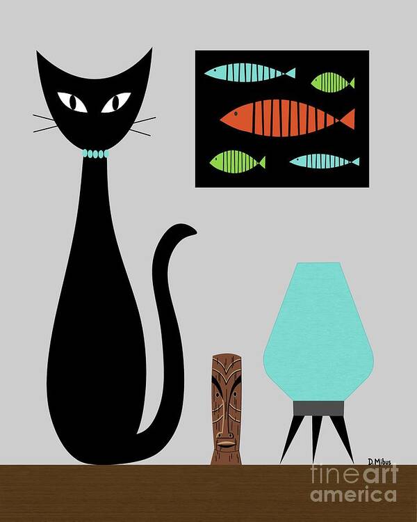 Mid Century Cat Poster featuring the digital art Mid Century Cat with Fish on Gray by Donna Mibus
