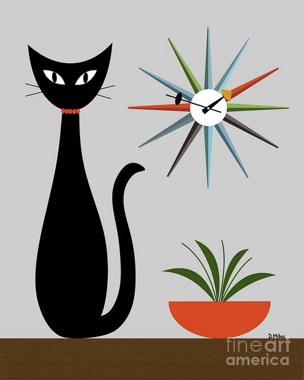 Mid Century Cat Poster featuring the digital art Mid Century Cat with Starburst Clock on Gray by Donna Mibus